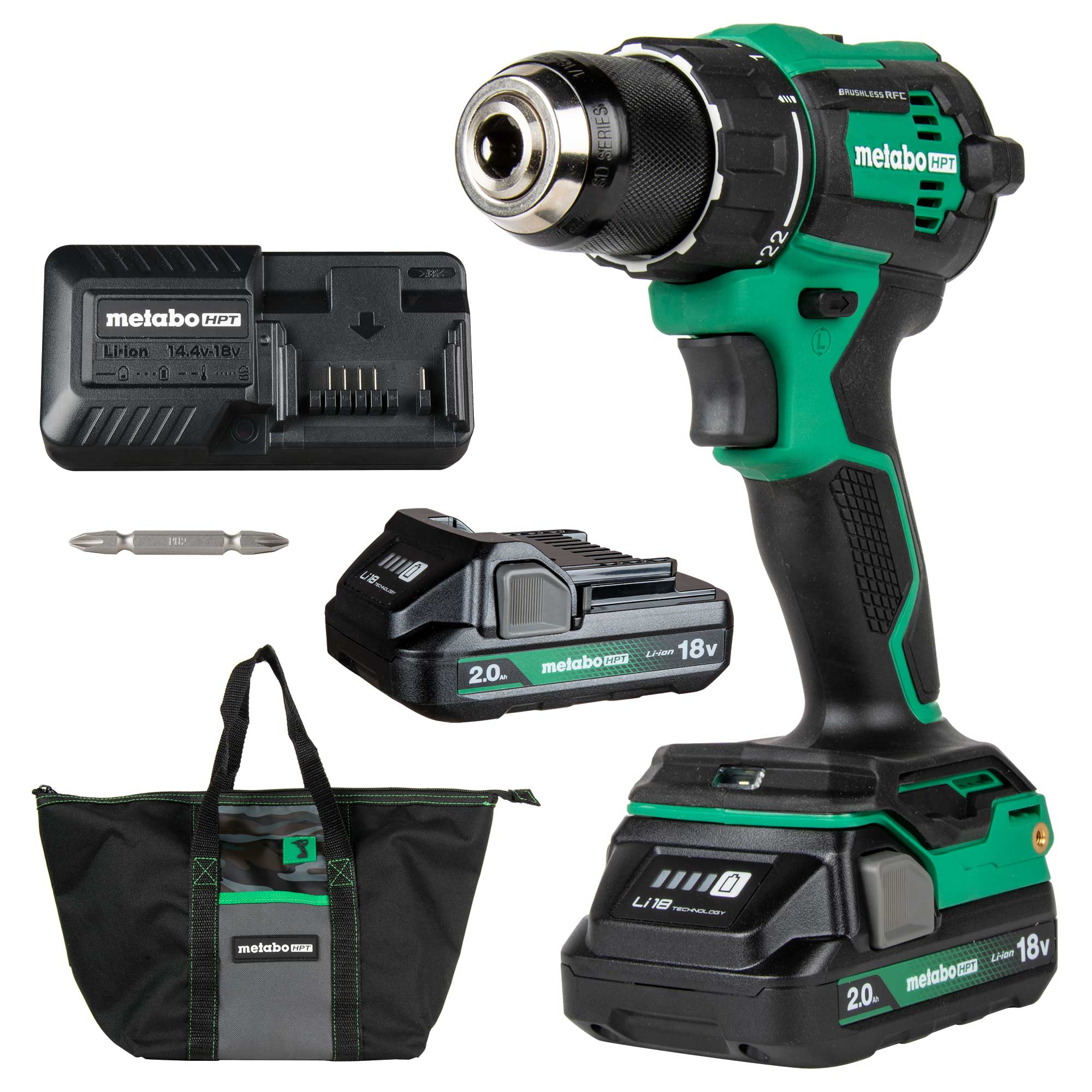 A Metabo HPT DS18DEX 18V MultiVolt Cordless Brushless Driver Drill Kit by Go Build, with two 2.0Ah batteries, charger, double-ended bit, and black tool bag is displayed on a white background.